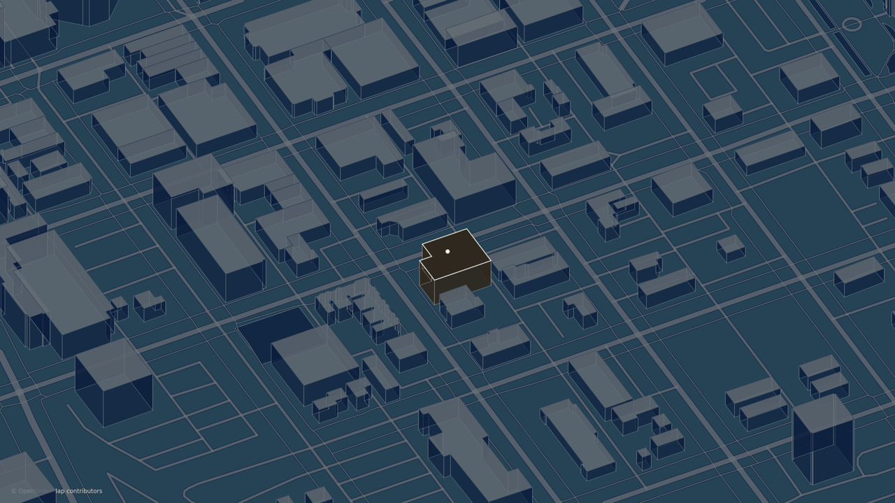 Isometric city map with one building highlighted in brown.