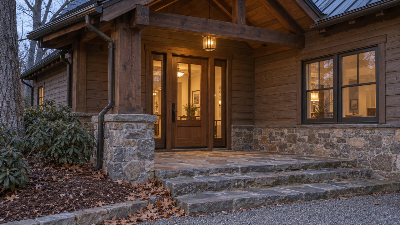 Timber and stone home entry at dusk, with warm glazed windows, broad stone steps and mature rhododendrons.