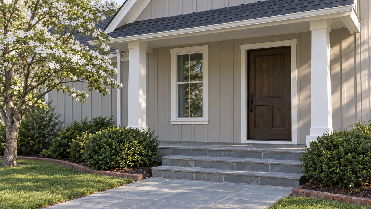 Substantial house entry with a dark wood door, white-trimmed window, bluestone steps, and brick-edged shrubs.