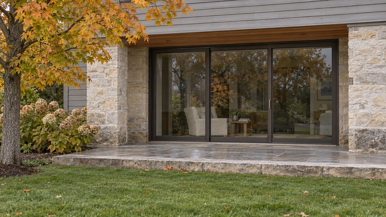 Limestone and gray wood home facade with closed bronze-framed glass doors, a stone terrace and an autumn maple beside a spacious lawn.