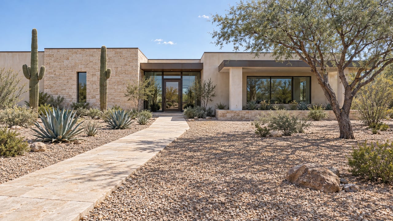 Low ivory-stucco and limestone estate beyond a broad gravel garden, with a stone approach, sculptural desert tree, two saguaros and agaves.