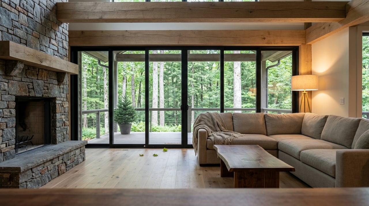 Stone fireplace and linen seating in a timber-beamed great room, with glass doors opening onto a wooded deck.