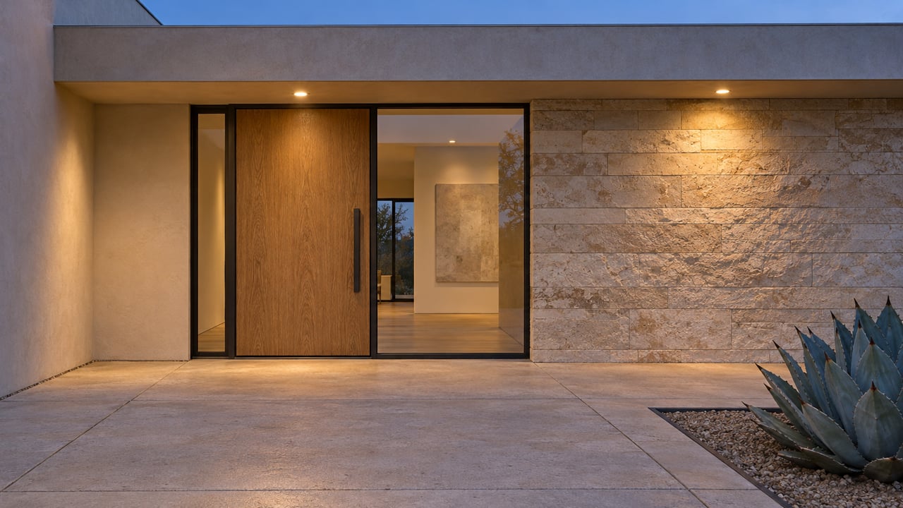 Blue-hour residential entry with an oak pivot door, limestone wall, broad paved approach and a single blue-gray agave.