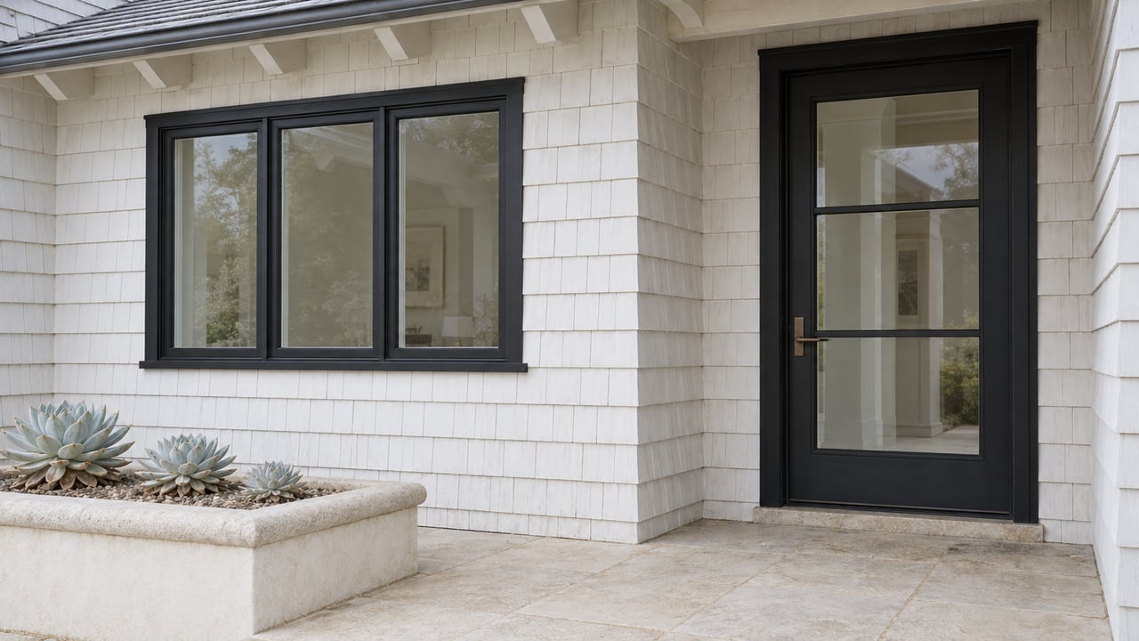 White shingle home entry with black glazed door and window, pale limestone porch and three silver-leaved rosettes in a low masonry planter.