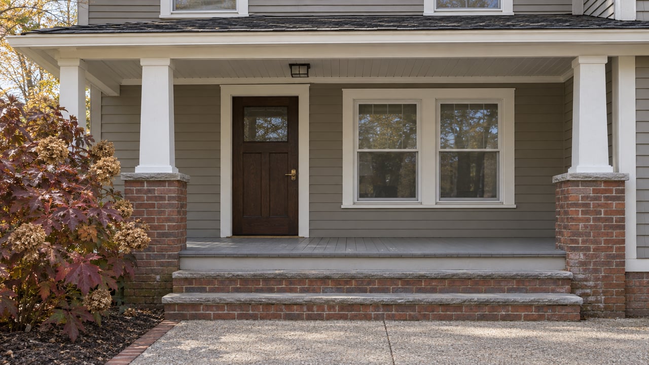 Gray clapboard house with a covered porch, brick piers, worn bluestone steps and autumn oakleaf hydrangea beside a concrete approach.