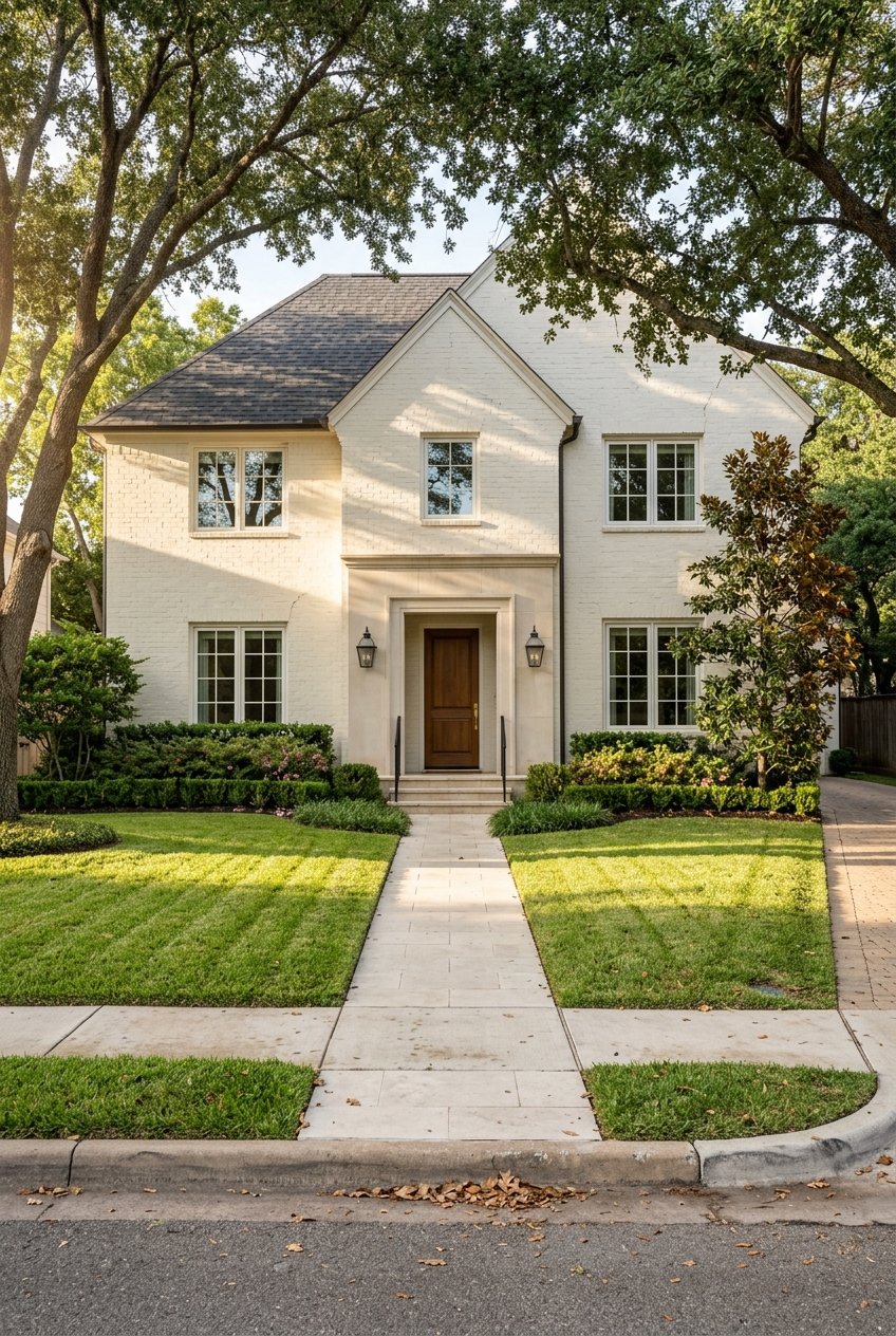 Traditional painted-brick and limestone estate with black iron details beneath mature live oaks.
