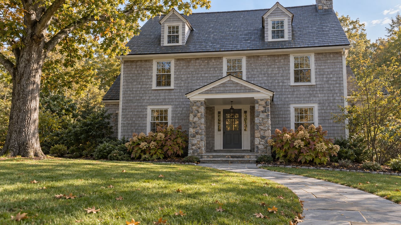 Gray cedar-shingled home with white divided-light windows, a stone-pier entrance, curved bluestone walk and an oak shading the autumn lawn.