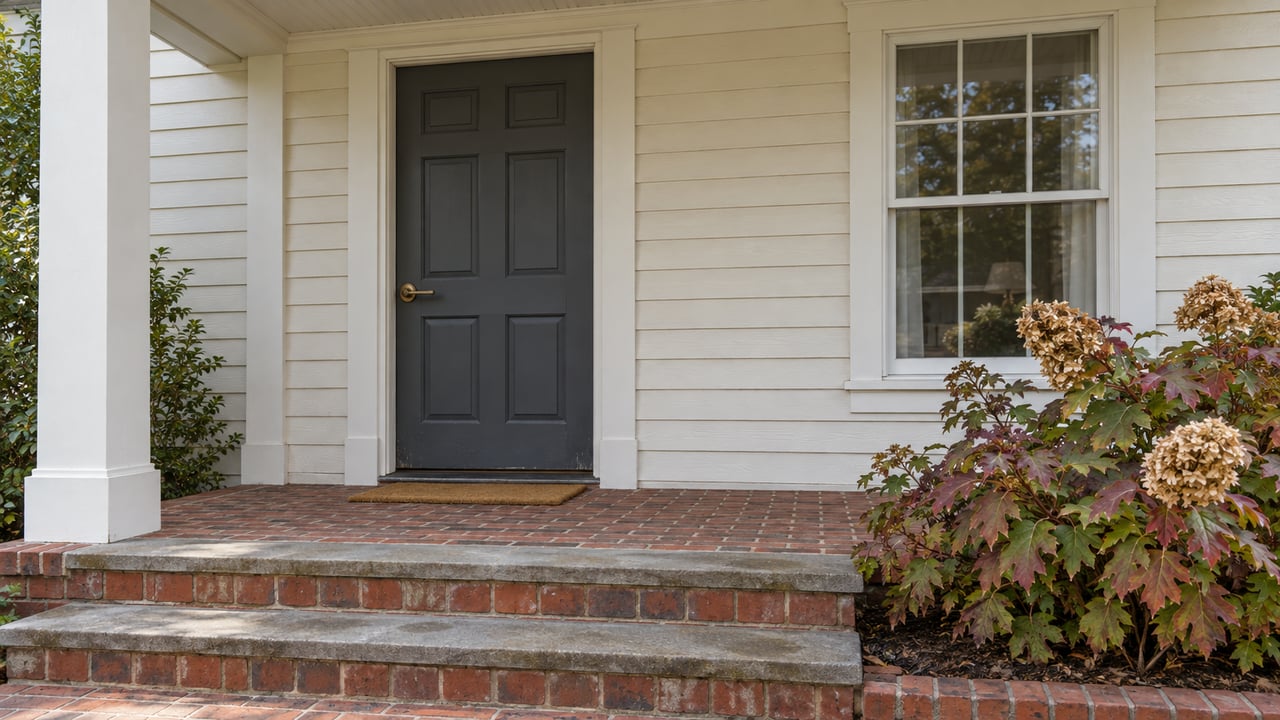 Covered entry with an ivory clapboard facade, charcoal door, red-brown brick steps and autumn oakleaf hydrangea.