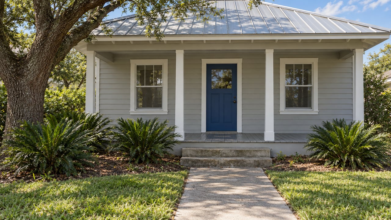 Gray lap-sided cottage with a blue front door, silver metal roof, covered timber porch and a concrete garden walk beside coontie plants and a mature live oak.
