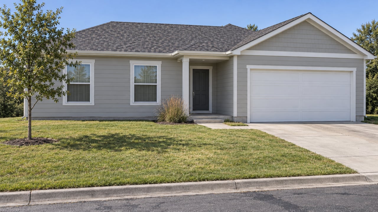 Modest gray one-story house with an attached garage, front lawn, concrete walk, and young oak tree.