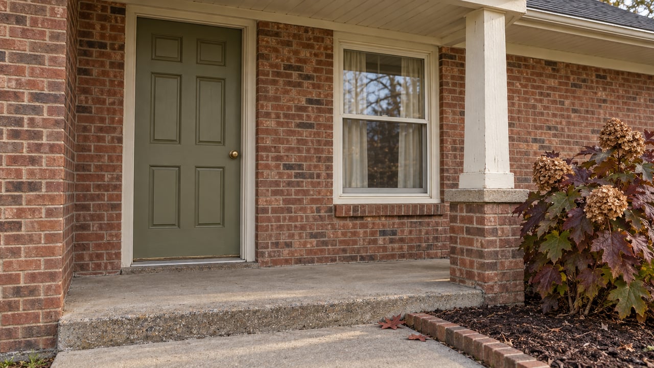 A muted olive front door and white-trimmed window beneath a brick ranch porch, with autumn oakleaf hydrangea beside the concrete step.