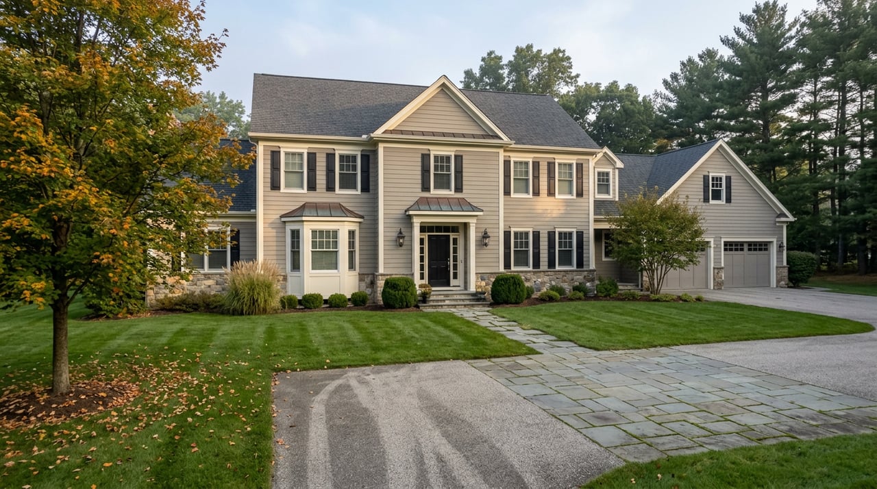 Custom grey clapboard estate with fieldstone base, three-bay garage, broad lawn, and bluestone motor court.