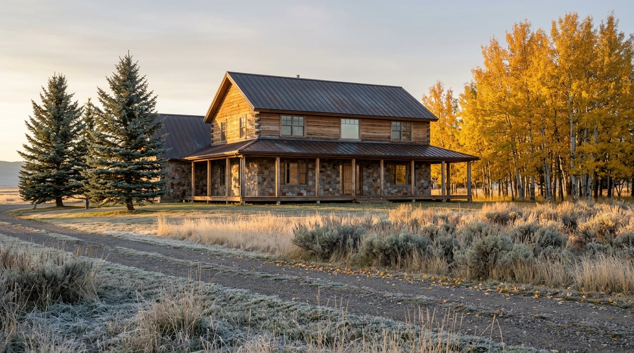Two-story stone-and-timber ranch home beyond frosted pasture, framed by golden aspens and spruce at dawn.