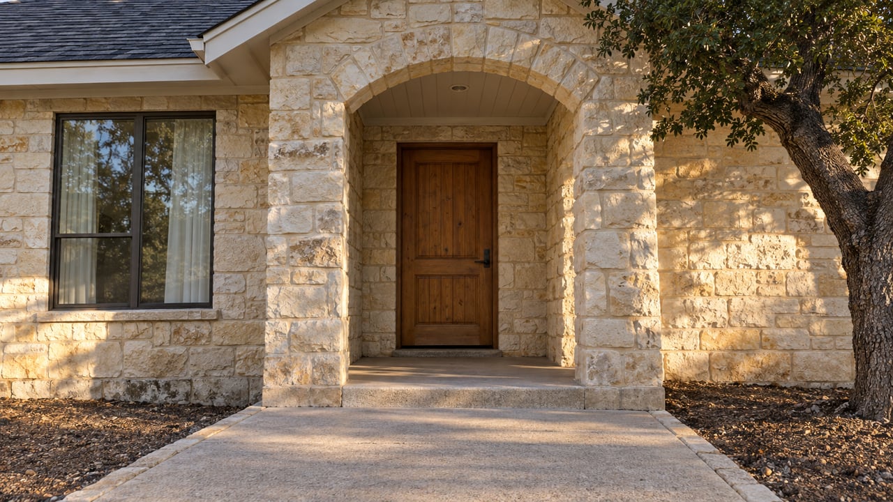 Late-afternoon light on a limestone home's arched covered entry, wooden front door, and concrete approach beside a mature live oak.
