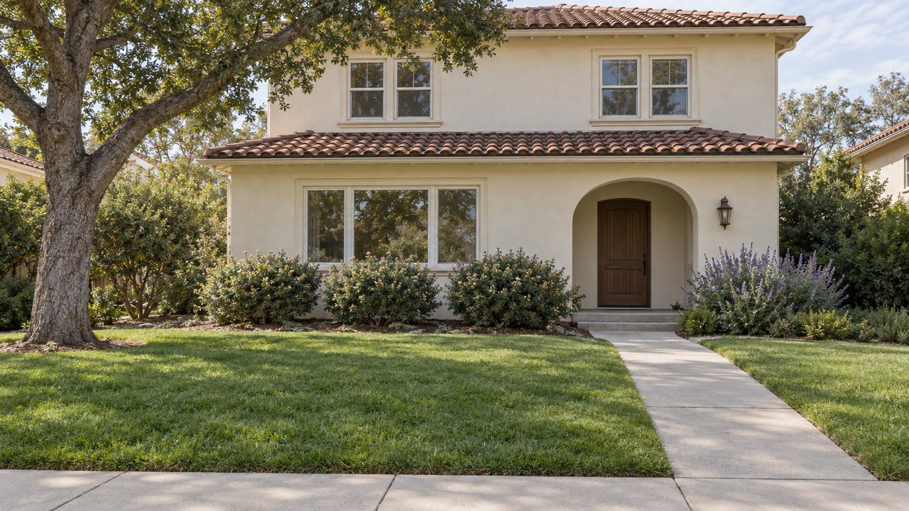 Cream stucco home with clay roof tiles, a shaded arched entry and a deep green front lawn beside a mature oak.