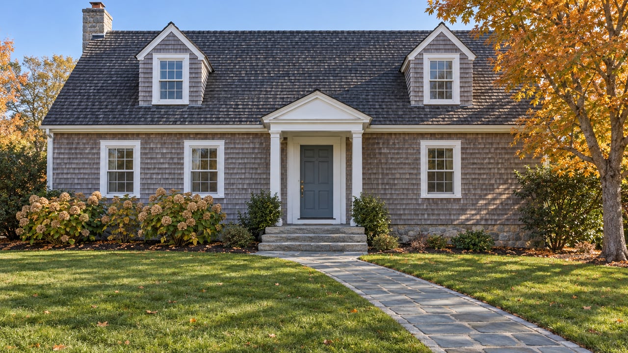 Weathered cedar-shingle home with white dormers, granite entry steps, a deep lawn and a golden-leaved maple in autumn morning light.