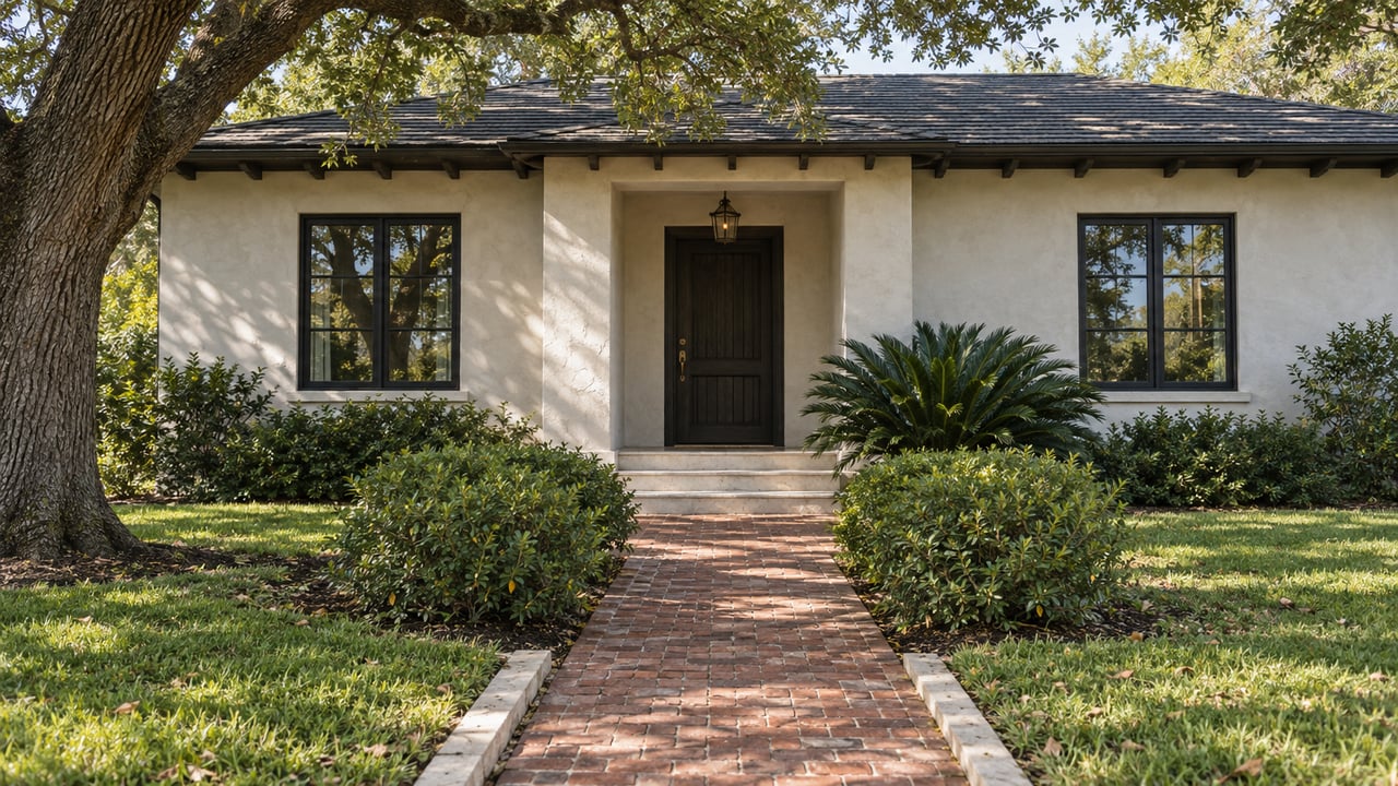 Pale-stucco house with a recessed timber entry, brick garden walk, and spreading live oak canopy.