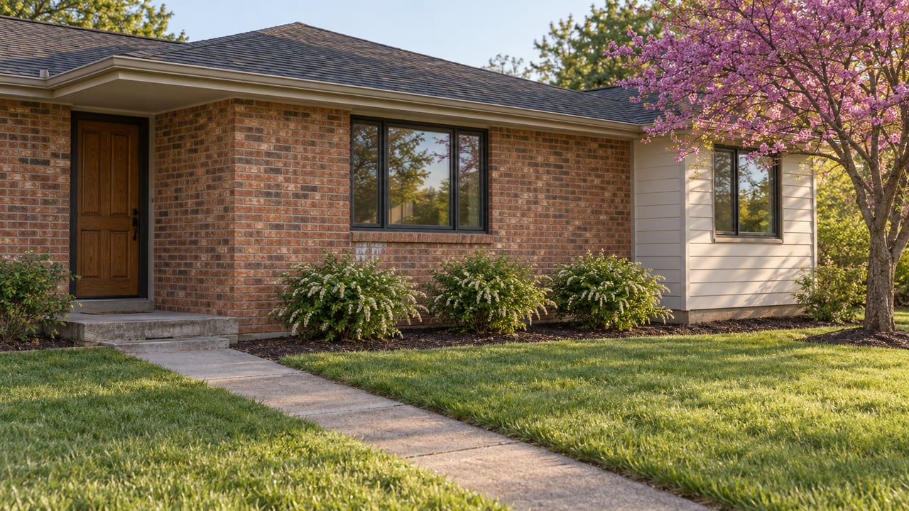 Updated brick ranch with an off-white addition, concrete walkway, and mature tree at the right.