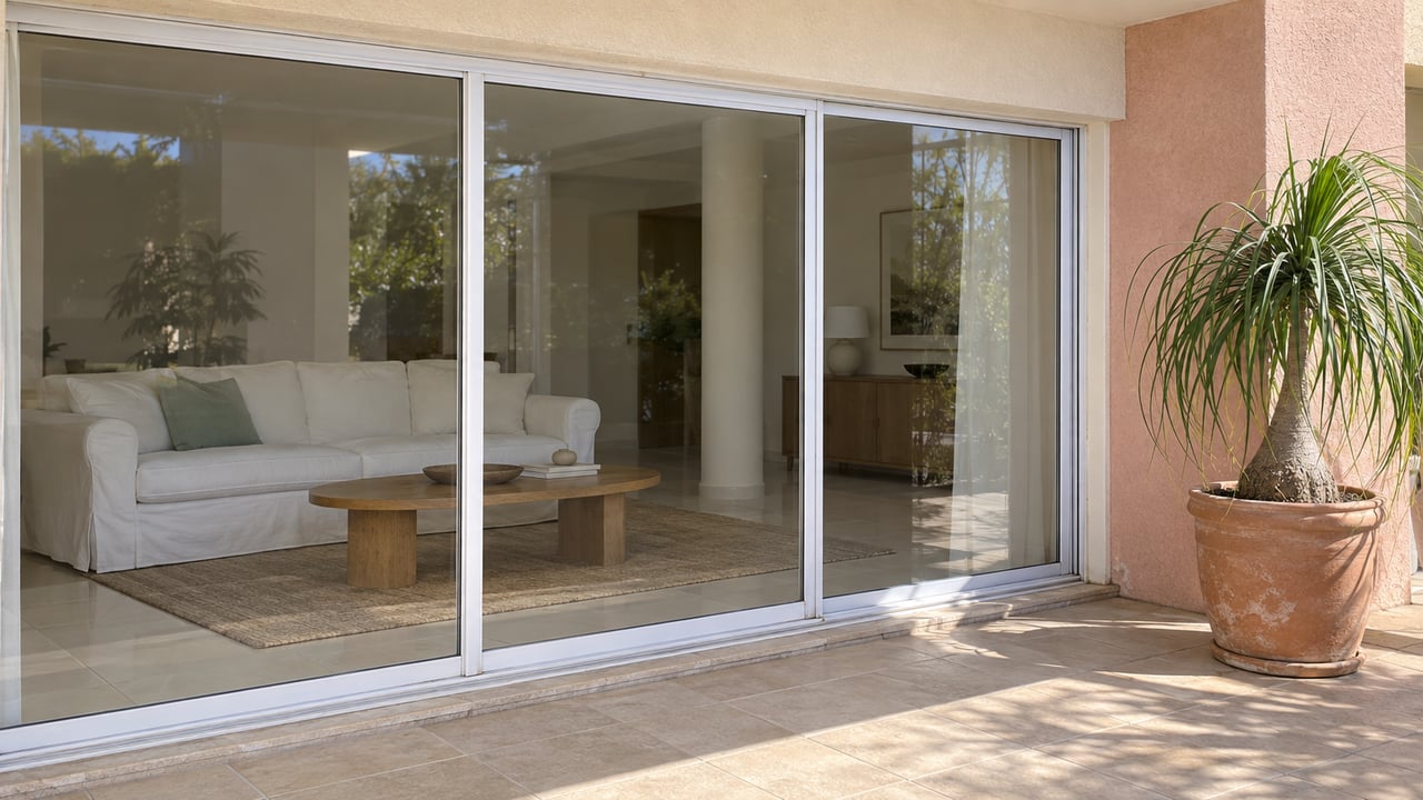Sunlit tiled condo terrace beside a faded pink stucco pier, with closed sliding glass doors revealing a bright living room.