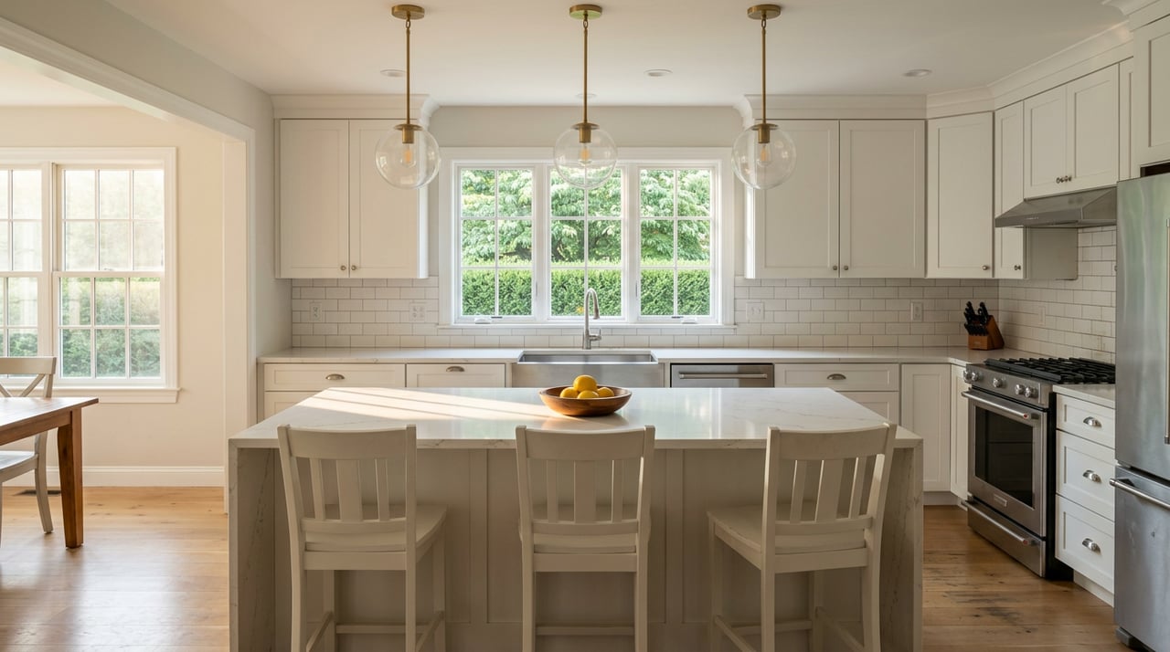 White shaker kitchen with a quartz island, glass globe pendants, and a window framing a dogwood and boxwood hedge.