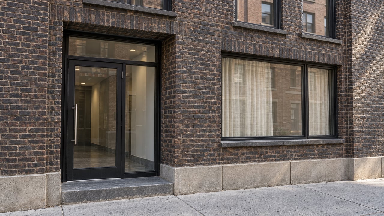 Close view of a dark brick residential facade with tall steel-framed windows, a recessed glass entrance, and a worn stone threshold.
