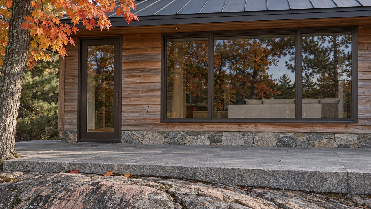 Cedar cottage facade with broad glazing above a granite terrace, framed by amber maple leaves and a pine branch.