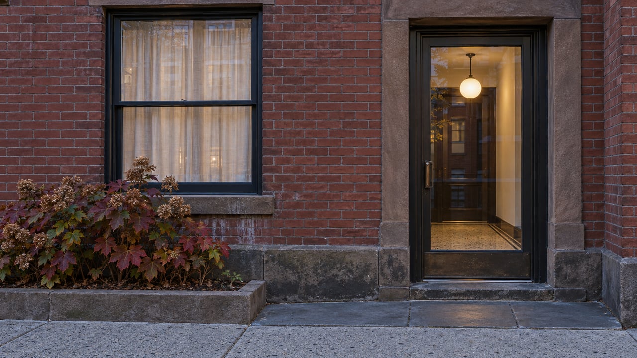 Blue-hour view of a red-brick townhouse entrance, sandstone details, a curtained sash window and copper-red oakleaf hydrangea.