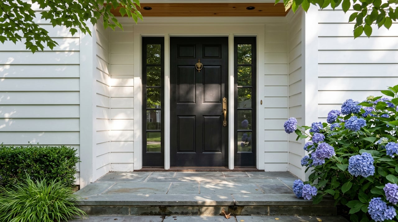 Black entry door with divided-light sidelights, aged brass hardware, blue-purple hydrangeas, and bluestone stoop.