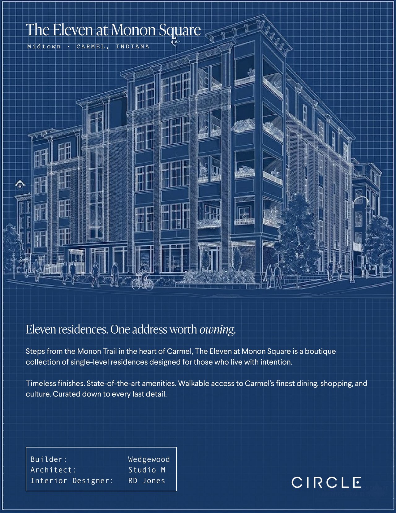 The Eleven at Monon Square flyer with a blueprint-style rendering of its condominium residences.