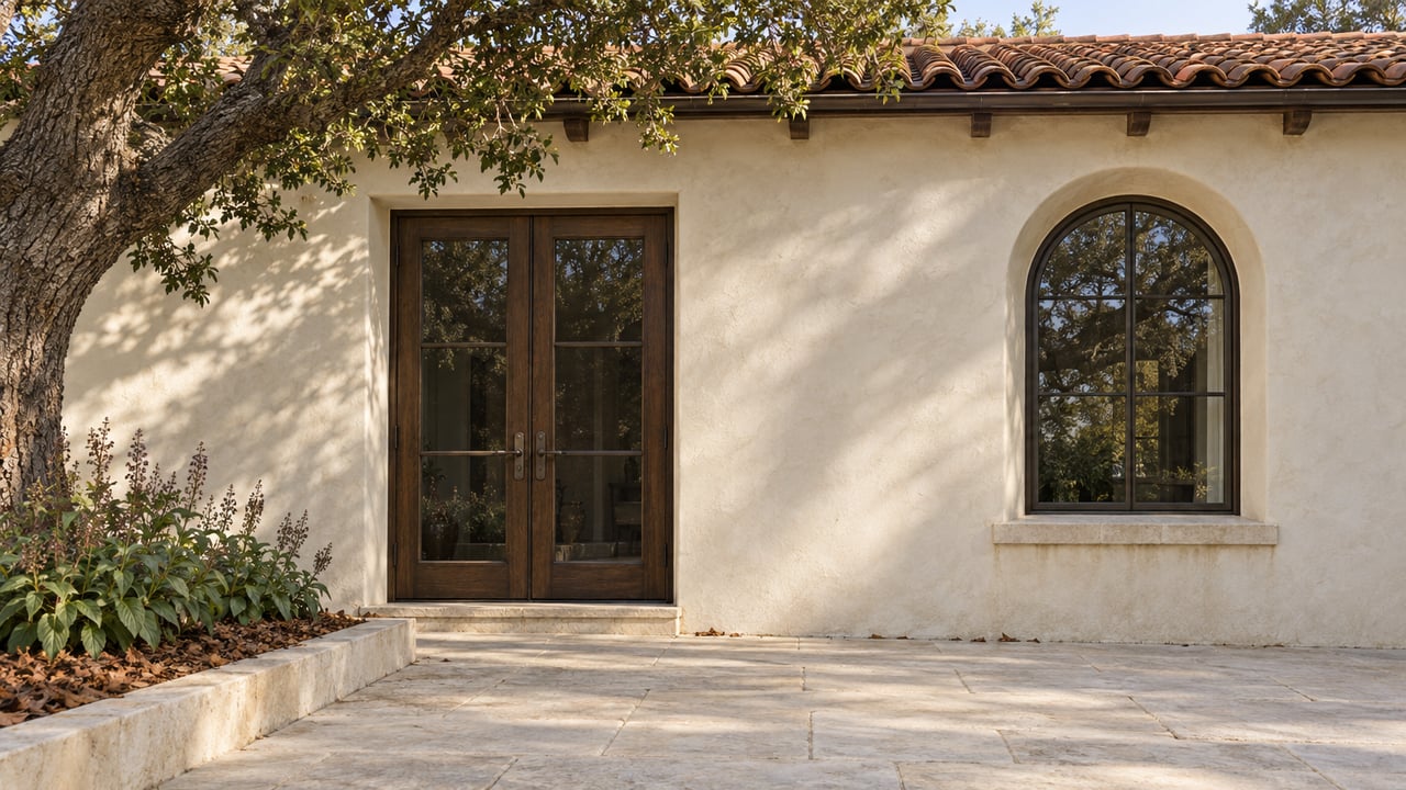 An ivory stucco home with a clay-tile roof, arched bronze-framed window and closed oak garden doors beside a mature oak and pale limestone terrace.