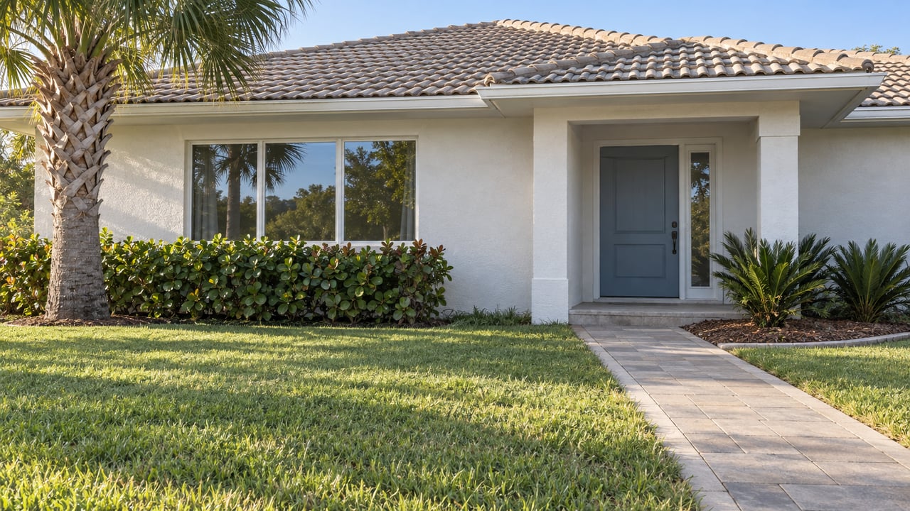 Morning light across a front lawn and paver path leading to a white stucco home with a muted blue door and a mature palm.