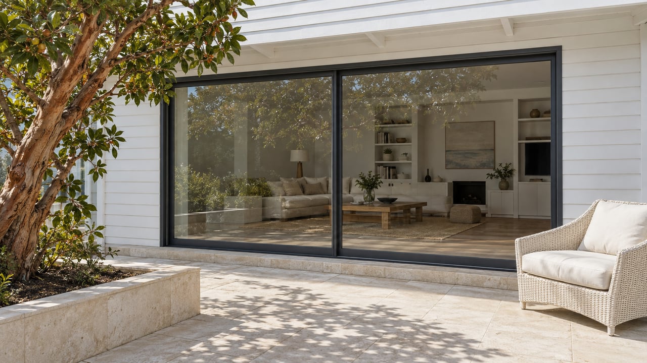 Sunlit limestone terrace beside white wood siding and closed glass doors, with a woven lounge chair and a sculptural strawberry tree.