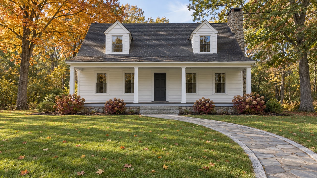 White clapboard house with a deep front porch, fieldstone chimney, broad lawn and mature trees beginning to turn autumn colors.