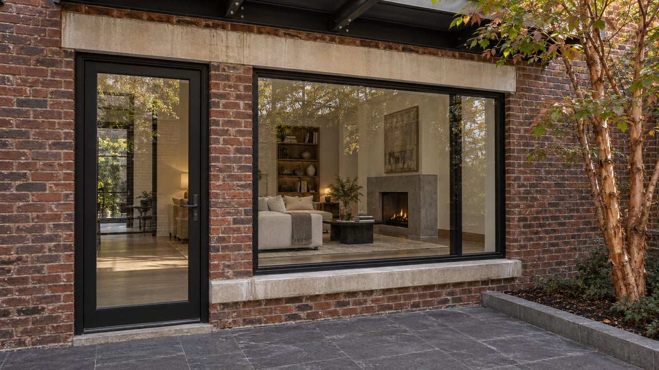 A brick courtyard residence with black steel glazing, limestone paving and a peeling-bark maple beside an enclosed, softly lit living room.