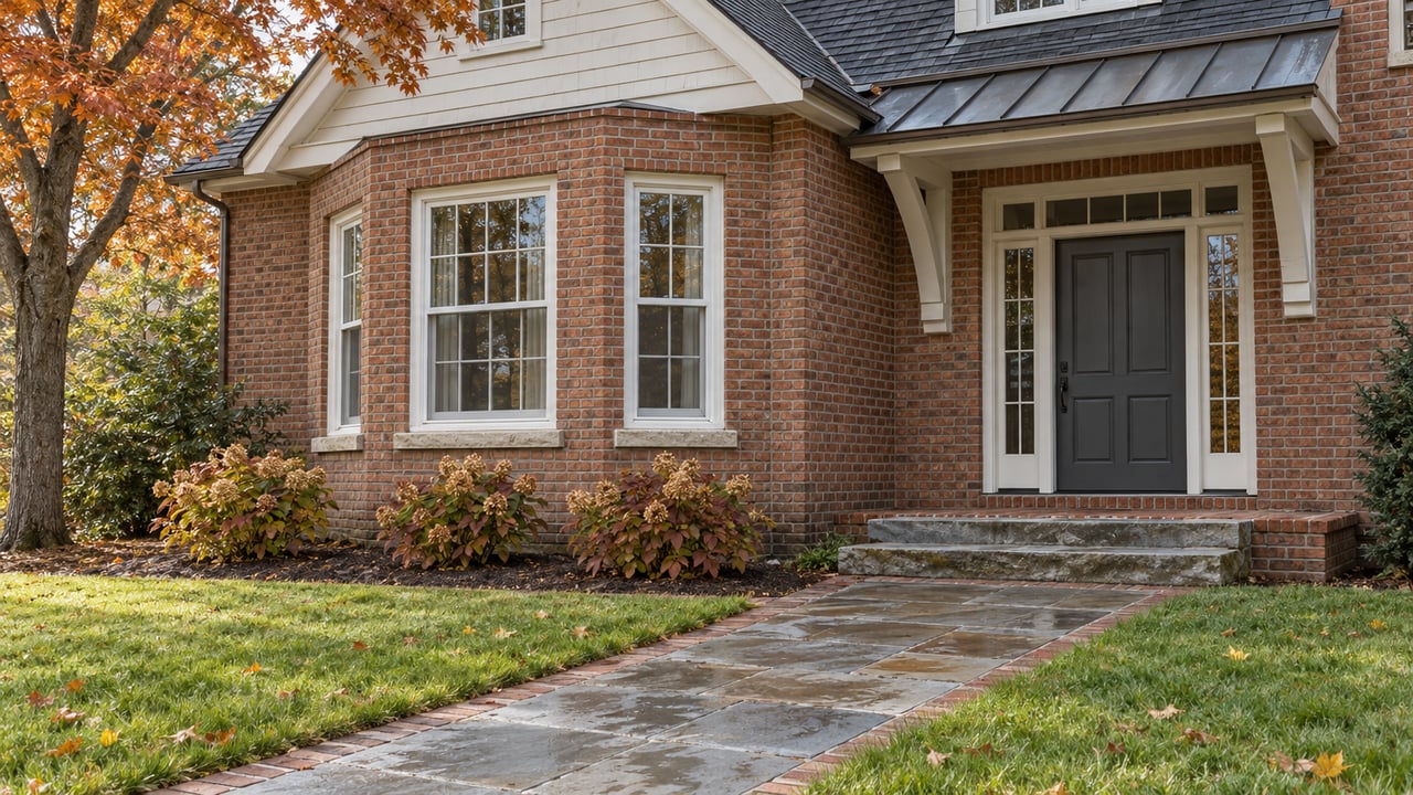 Brick home with white-trimmed bay windows, a charcoal entry door, and a bluestone approach beside autumn planting.