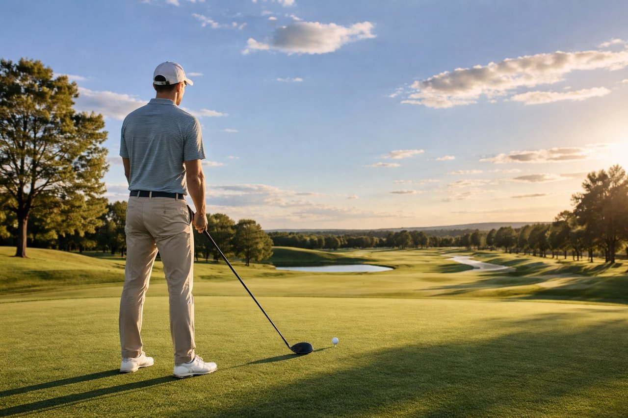 golfer on a coastal golf course with green fairway and ocean nearby