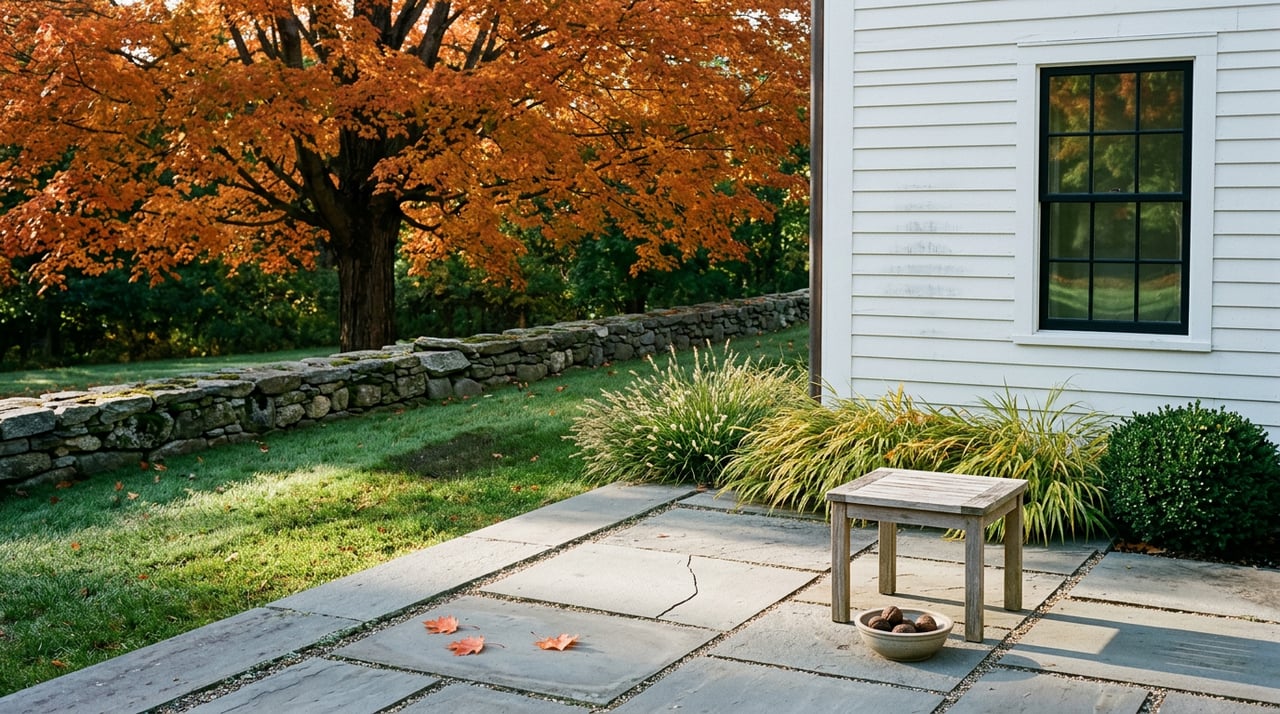 Bluestone terrace beside a white clapboard wall, with an orange-red maple canopy and a teak table holding black walnuts.