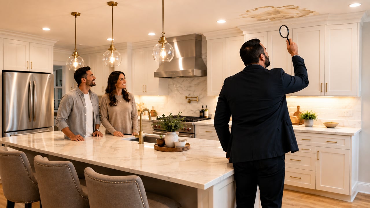 Homebuyers admire a bright, updated kitchen while a real estate agent, seen from behind, looks up at a ceiling stain with a magnifying glass during a home showing.