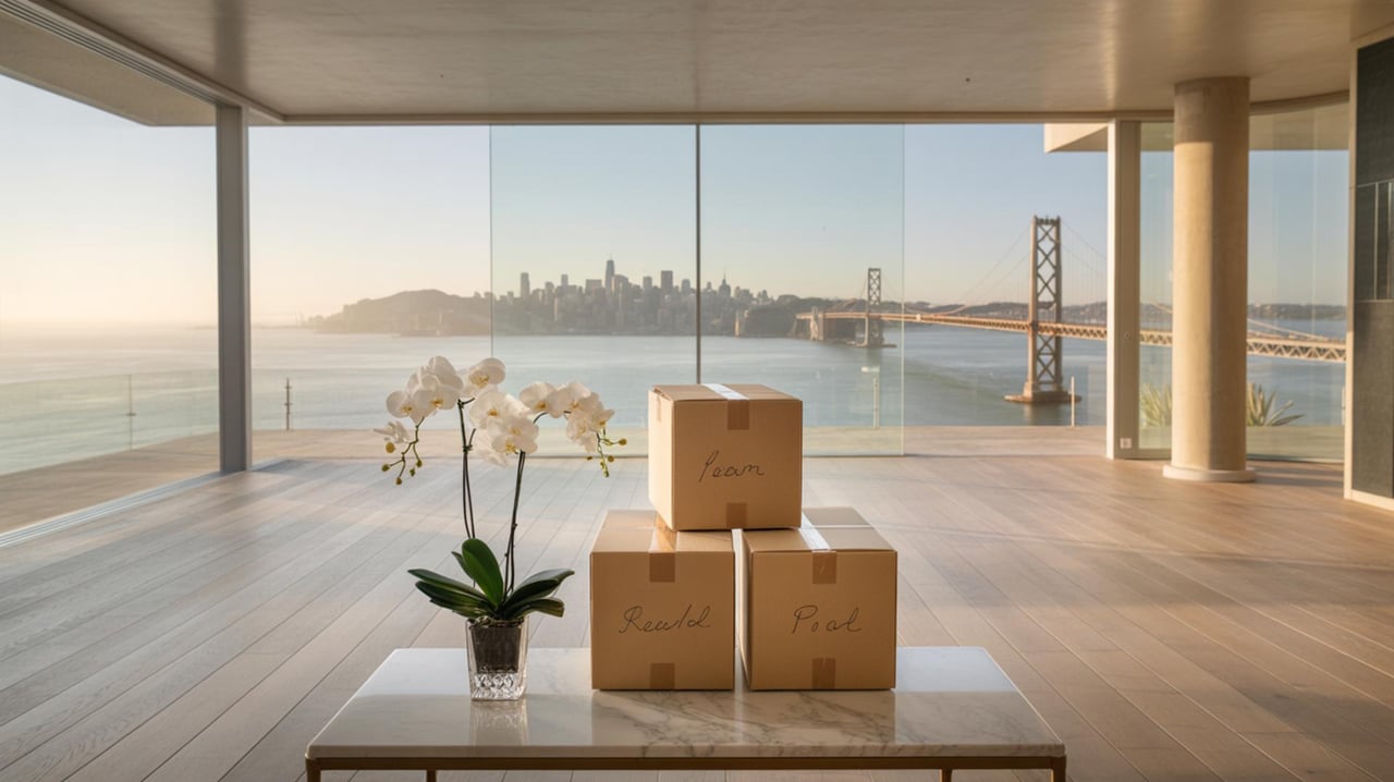 Three cardboard boxes and a potted white orchid overlook the San Francisco skyline and Bay Bridge.