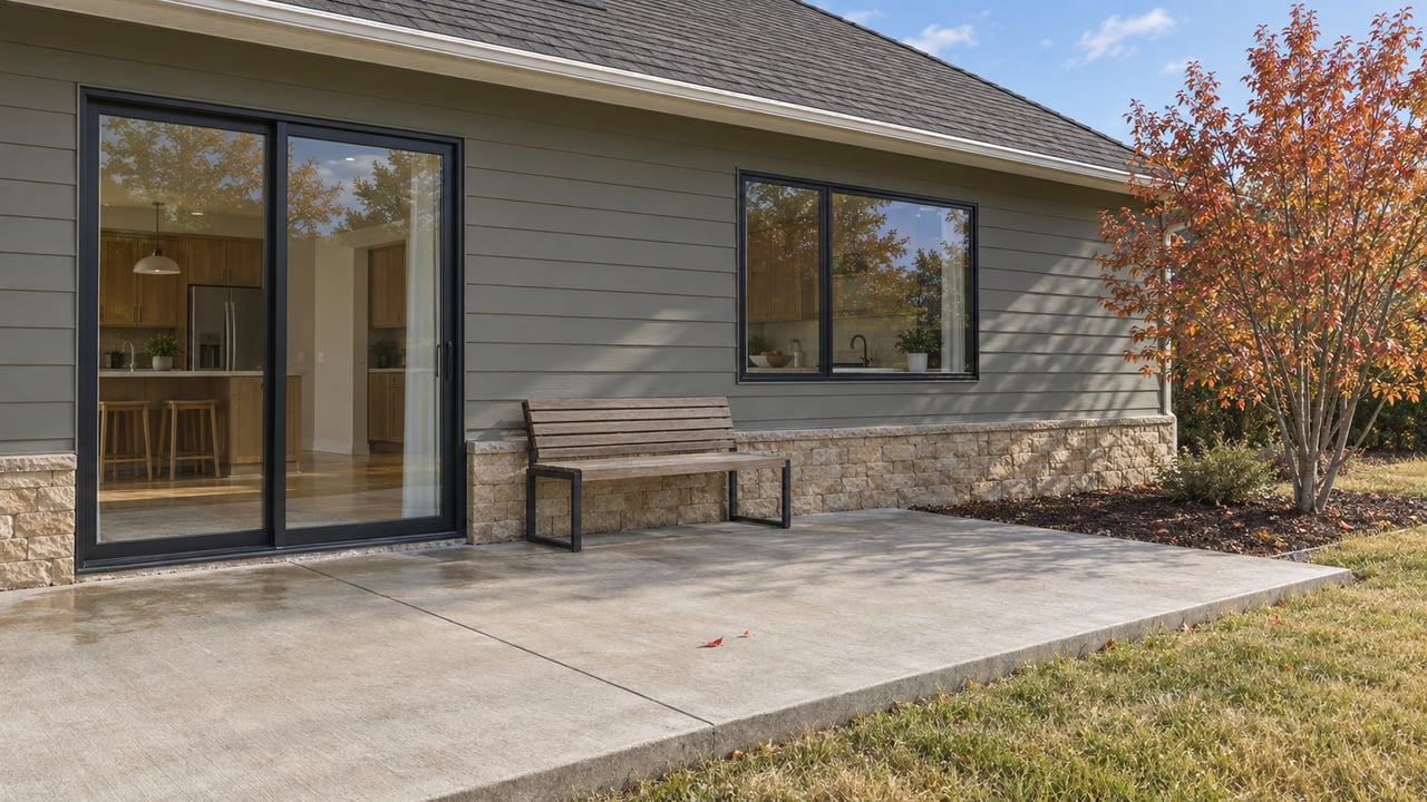 Autumn sunlight across a concrete rear patio, gray-green house siding, black-framed glass doors and a serviceberry beside a straw-green lawn.