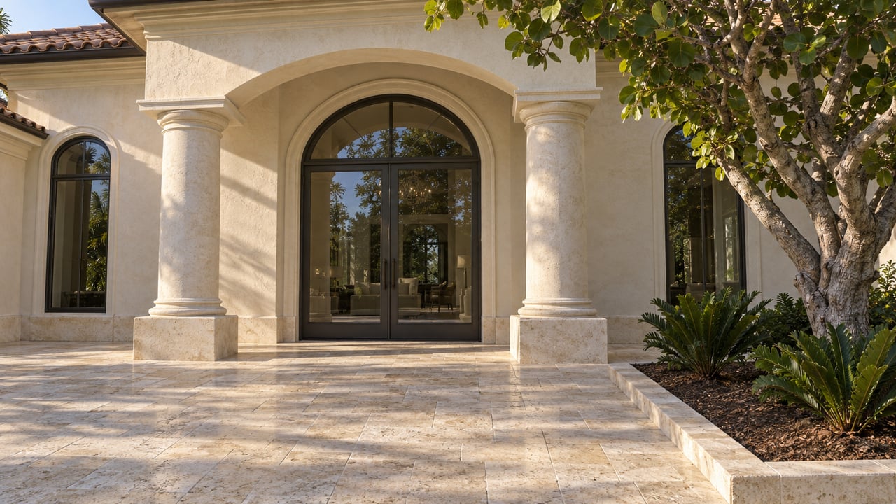 Sunlit limestone terrace and ivory stucco portico with bronze-framed arched glass doors and a sculptural sea grape tree.