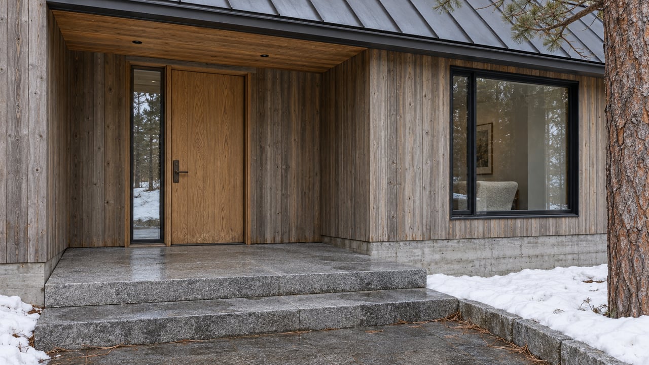 Sheltered cedar-clad home entrance with an oak door, granite steps and snow beside a mature pine trunk.