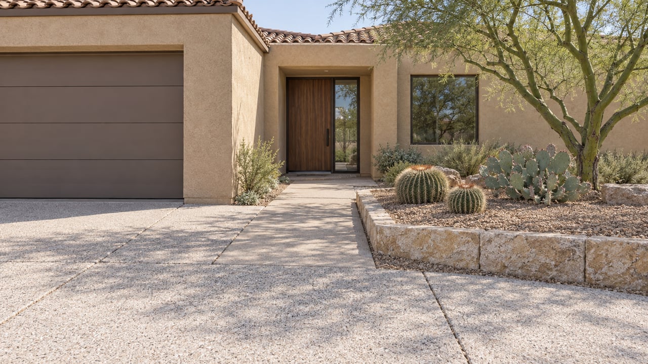 Sunlit sand-stucco home with a terracotta tile roof, bronze garage door and desert planting beside a limestone-edged walkway.