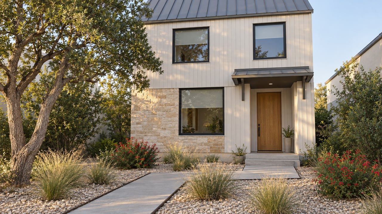Compact two-story home with pale siding, limestone accents, an oak entry door and a planted concrete approach.