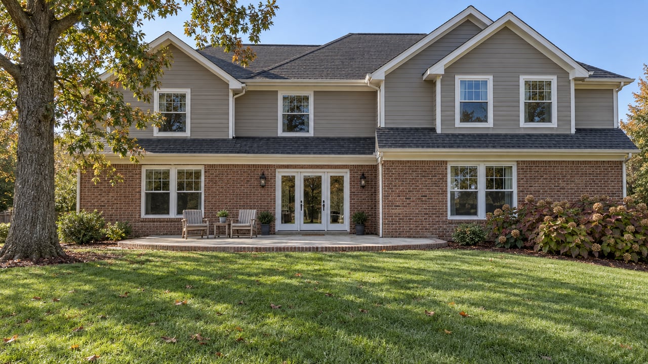 Two-story taupe-sided home with brick lower walls, white-trimmed windows and a small terrace overlooking a broad sloping lawn beneath a mature white oak.