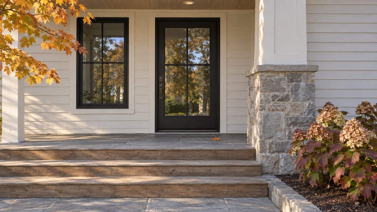 Warm-white house porch with a black-framed glass door, limestone pier, timber steps, and autumn hydrangeas.