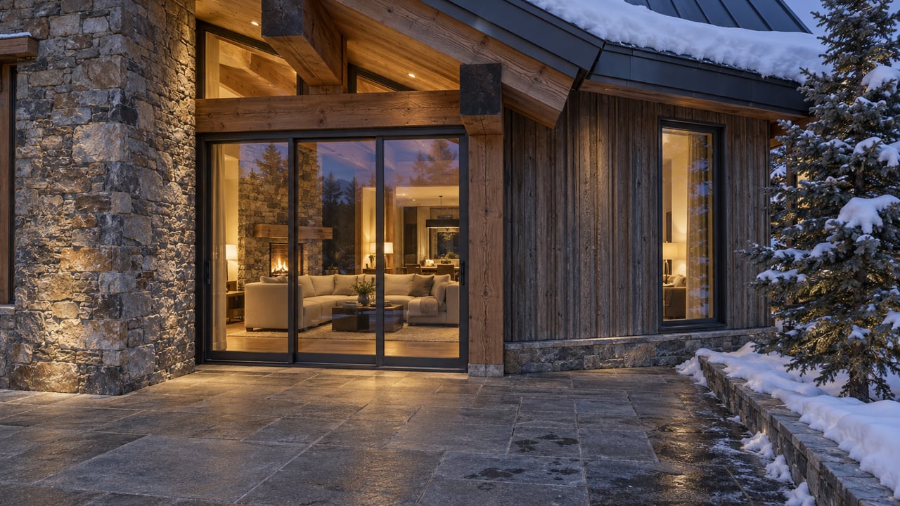 Snow-covered timber gable above a stone-and-wood residence, with warm light behind closed glass doors and a cleared stone terrace.