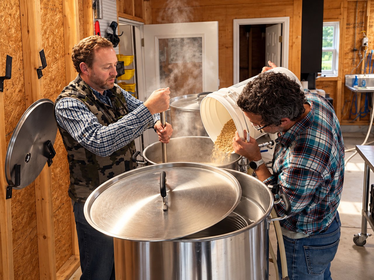 Two men brew beer in a wood-paneled workshop, pouring grain into a large stainless-steel kettle.