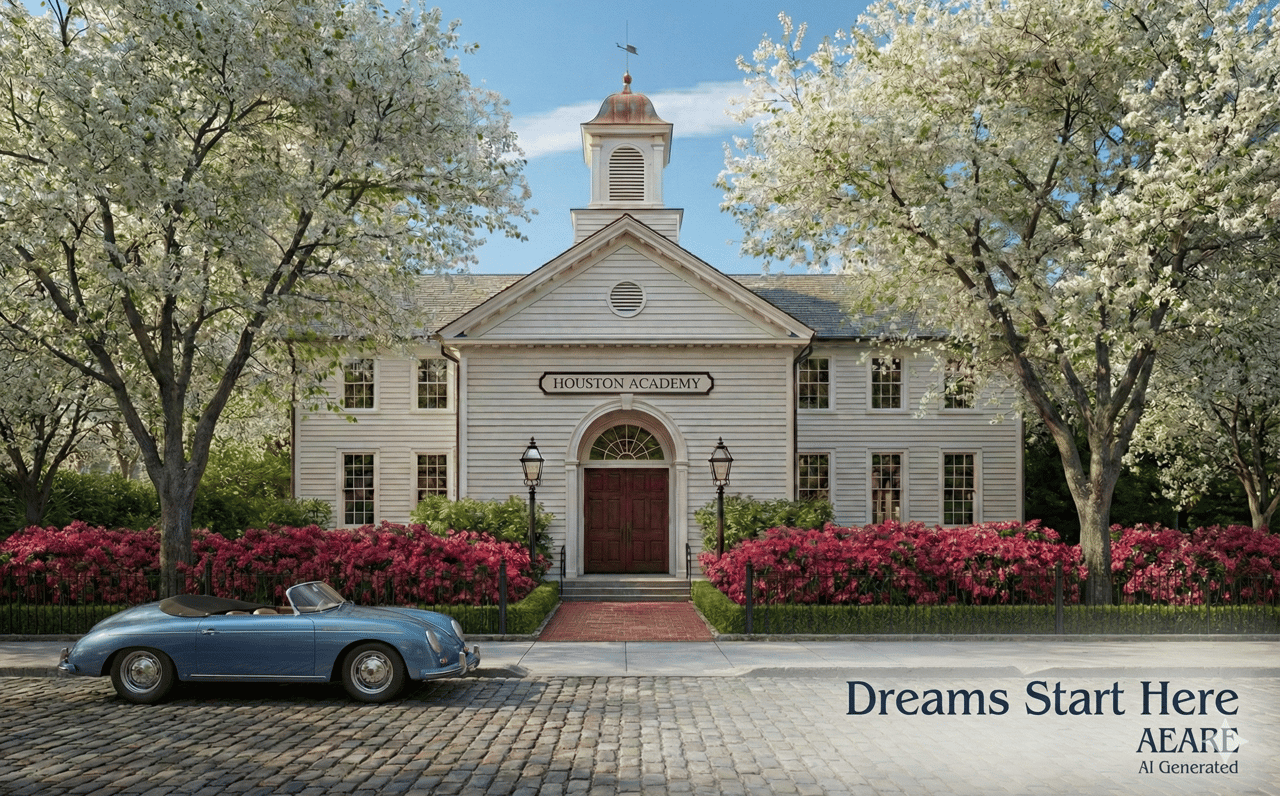 An AI photorealistic rendering of "Houston Academy," a statley boutique private school featuring classic architecture and a cupola, set on a cobblestone street reminiscent of West University or The Heights. A vintage blue convertible is parked in the foreground, framed by blooming white Chinese fringe trees and formosa pink azaleas, symbolizing the "flight to quality" and the new lifestyle-centric educational options driving demand under the Texas Education Freedom Act.
