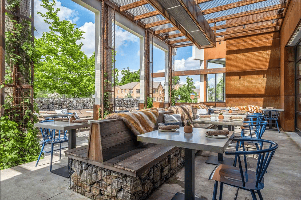 Elegant outdoor patio at Frida Southwest restaurant in the Paseo Arts District Oklahoma City.